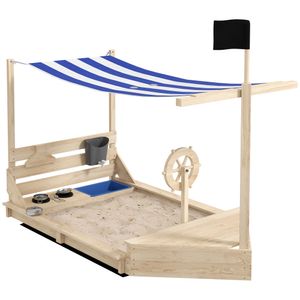 Outsunny Sandkasten Sandkiste groß mit Abdeckung im Schiff Design Matschekiste aus Holz Segelschiff Spielhaus mit Küchenspielset Aufbewahrung für Kind