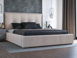 Moderná čalúnená posteľ GRAINGOLD 160x200 cm Valencia - manželská posteľ s lamelovým roštom, velúrovou látkou a zásuvkou - jedinečné čelo postele - béžová (Magic Velvet 2201)