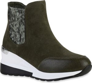 VAN HILL Damen Sneaker Prints Plateau Vorne Profil-Sohle Schuhe 837926, Farbe: Olivgrün Snake, Größe: 36