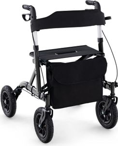 Rollator Faltbar bis 160 kg, Gehhilfe mit 6-fach Höhenverstellbar, Laufhilfe mit 2 Bremsen & Stockhalter & Tasche, Rollstuhl Aluminium  (Schwarz)