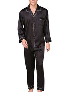 Herren Seidensatin Pyjama Set Nachtwäsche Tops + Langarm Pyjama Weiche Schlafanzüge,Farbe:Schwarz,Größe:XL