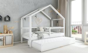 MUSA BIS2 Hausbett Kinderbett Holzbett 90x200 Weiß, Schubkasten mit Schlaffunktion, 2 Lattenroste, Rausfallschutz