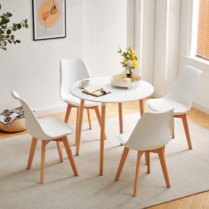 H.J WeDoo Esstisch 80x80x73 cm, Küchentisch Esszimmertisch für 4 Personen, Rund Tisch mit Buchenbeine, Modern Design, Weiß