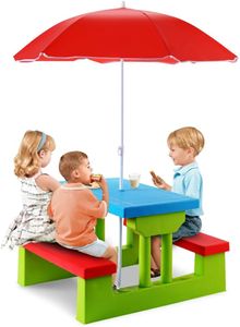 KOMFOTTEU Detská sedacia súprava so slnečníkom, detský nábytok s 1 stolom a 2 lavicami, detská sedacia súprava z PP, pikniková súprava do parku na kempovanie, modrá+červená+zelená
