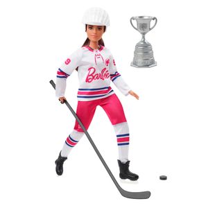 Barbie Wintersport Eishockeyspielerin-Puppe brünett, kurvige Form (30 cm) mit Hemd, Helm, Hockeyschläger, Puck & Trophäe, für Kinder ab 3 Jahren