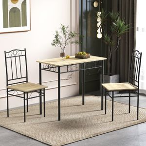 HJ WeDoo 3-TLG jídelní set dřevěný jídelní stůl se 2 kovovými židlemi, kompletní kuchyňský stůl, sedací souprava pro kuchyň s jídelnou na balkóně, průmyslový nábytek, 90x48x75cm, barva buk