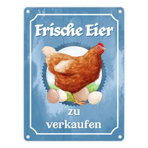 Frische Eier zu verkaufen Metallschild in 15x20 cm mit Huhn Motiv