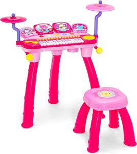 COSTWAY Kinder-Keyboard mit 24 Tasten & Trommel, elektrisches Keyboard-Set mit Hocker, Mikrofon, MP3, LED-Leuchten, Aufnahme/Wiedergabe, pädagogisches Musikinstrument für Kinder (Rosa)