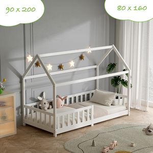 Kinderbett 80x160 cm mit Rausfallschutz und Lattenrost - Kinderbett Hausbett aus Vollholz in Weiß- Hausbett für Kinder 80x160