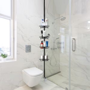 Duschregal mit 4 Ablagen Teleskopregal Badregal Duschablage für Shampoo,Seife,Waschlappen Schwarz
