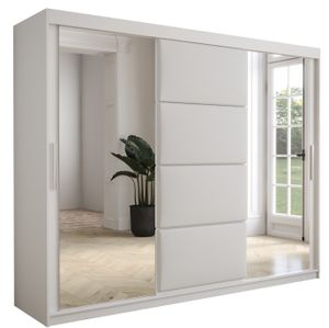 Kleiderschrank, Schiebetürenschrank Schlafzimmer, Schrank mit gepolsterten Paneelen TAPI 3 250 cm weiß / weißes Ökoleder