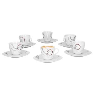 sada 6 šálků na espresso Palazzo 11cl s podšálkem 12,3 cm - z bílého porcelánu s dekorem kruhů v šedé a tmavě červené barvě
