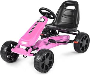 COSTWAY Go Cart s nastaviteľným sedadlom, Go Cart s ručnou brzdou, šliapacie autíčko do 30 kg, šliapací vozík, šliapacie vozidlo, detské vozidlo pre deti od 3 do 8 rokov (ružová)