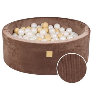 MeowBaby® Runder Ballpool mit Bällen 7 cm für ein Kind, 90x30 cm/200 Bälle, Cord-Cord-Velours, Schokolade: beige/weiß perlmutt
