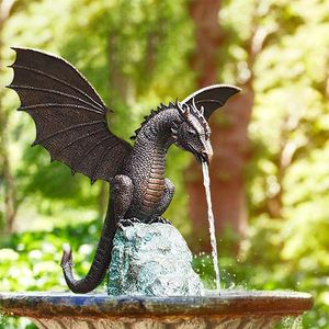 Drachenstatue Wasserbrunnen Skulptur Drache mit Flügeln Figur Hof Garten Outdoor Dekor 35cm*30cm*23cm