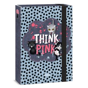 Ars Una Heftbox A4, Sammel- Heftmappe für Schulranzen, mit Gummiband und Innenklappen, Think Pink - Katzen, grau-rosa, für Mädchen