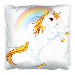 Wallario Premium Kissen, weiche Oberfläche, mit Motiv Weißes Einhorn vor einem Regenbogen, Größe: 60 x 60 cm, mit weißer Rückseite