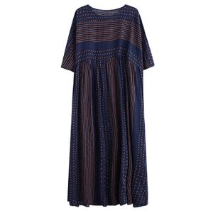 Vintage Frauen Baumwolle Leinen Kleid Gestreifter Druck O-Ausschnitt Halbarm Tasche Lose Freizeitkleid Langer Rock,Navy blau