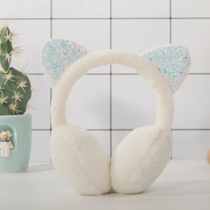 Faltbare Ohrenschützer mit Pailletten, für Damen und Mädchen, Verstellbar Faltbare Katzenohren Plüsch Warmer Ohrmuscheln(white)
