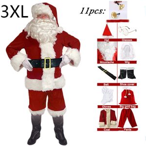 11 kusů Santa Claus Cosplay kostým Vánoce  rok Pánské kostýmy Deluxe Classic Adult Set Carnival Party RolePlay Suits, červená, 80% polyester, 3XL