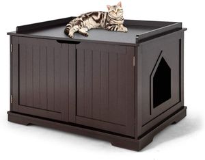 COSTWAY Katzenhaus Katzenhöhle mit Bett, geschlossene Katzentoilette mit Eingang, Haustierbox Haustierkiste aus Holzstruktur, großes Katzenklo Katzenschrank für Katzen Hunde Haustier (Braun)