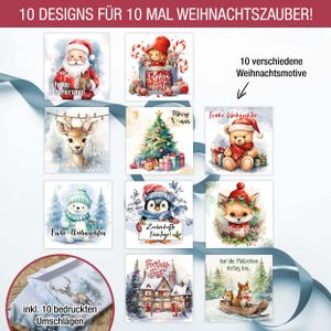 Frohe Weihnachten Karte, 10 XXL Weihnachtskarten mit Umschlag Set - Lustige, süße Motive, 14,8 x 14,8 cm | Große Weihnachtskarte in 10 Variationen inkl. Umschläge.