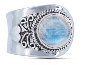 Ring BAGANI - größenverstellbar aus 925er Sterling Silber, Stein:04 - Regenbogen Mondstein
