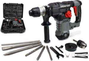 Practixx SDS-Plus Bohrhammer | 7 Joule | 1500W | 6 variable Geschwindigkeiten 0-920 U/min | 3m Kabel & 32mm Bohrleistung | mit Koffer, Bohrer, Adapter Practixx SDS-Plus Bohrhammer | 7 Joule | 1500W | 6 variable Geschwindigkeiten 0-920 U/min | 3m Kabel & 32mm Bohrleistung | mit Koffer, Bohrer, Adapter