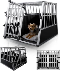 Juskys Alu Hunde-Transportbox XL - 96 × 90 × 71 cm – Auto Hundebox robust & pflegeleicht – 2 Gittertüren verschließbar & Trennwand - Reisebox für Hunde