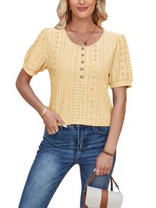 Damen Blusen Stickerei Soft Oberteile Sommer Shirts Tops Freizeit Tee Elegant T-Shirt Gelb,Größe M