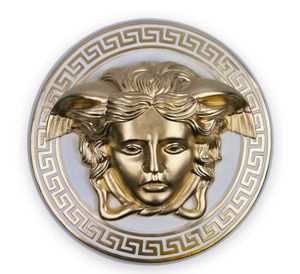 Wandrelief Wandbild Medusa Kopf Mäander Weiß-Gold Stil 50.cm Handbemalt Retro Vintage Griechischer Kopf zum Aufhängen