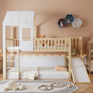 Flieks Etagenbett 90x200cm Kinderbett mit Rutsche und Leiter, Hochbett mit Lattenrost, Hausbett Massivholzbett für Kinder, Naturbelassen Flieks Etagenbett 90x200cm Kinderbett mit Rutsche und Leiter, Hochbett mit Lattenrost, Hausbett Massivholzbett für Kinder, Naturbelassen