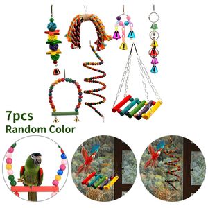 7er Vogelspielzeug Set für Vögel, Holz Hängebrücke Glöckchen Kauspielzeug für Papageien, Wellensittiche, Nymphensittiche