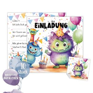 Monster Einladung Kindergeburtstag Junge & Mädchen | XXL Monster Einladungskarten Geburtstag 15 x 15 cm | 10er Set mit Stickern | Geburtstagseinladungen