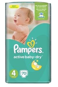Pampers Active Baby Dry Windeln Größe 4, 9-14kg, 70 Stück. → Pampers Active Baby Windeln Gr. 4, 9-14kg, 70 Stk.