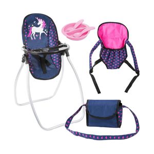 Bayer Design Puppenzubehör Set, Puppenhochstuhl, Puppentrage, Tasche, blau, rosa, Einhorn