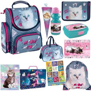 Goldkids Schulranzen SET XXL 11 Teile Katze Cat Motiv Ranzen Federmappe Turnbeutel Brotdose Trinkflasche Sporttasche Zuckertüte Aktenmappe Tischunterlage Sammelmappe Aufgabenheft