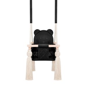 Indoor-Babyschaukel von Guguplanet Schwarz: Mit Sicherheitsgurten, Teddybär-Design, Holzrahmen, Anpassbares Seil, Einfach zu montieren