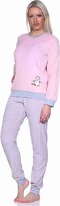 Damen Frottee Pyjama langarm mit Bündchen und niedlicher Pinguin Stickerei - 291 13 779 ; Ringel klein rosa , 44