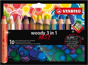 Pastelky STABILO Woody 3in1, sada 10 ks v pouzdru s ořezávátkem "ARTY"