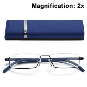 Klare Brille Halbrahmen-Lesebrille für Männer und Frauen Leichte Computerlesegeräte mit tragbarer Spiegelbox, Edelblau, +2,00