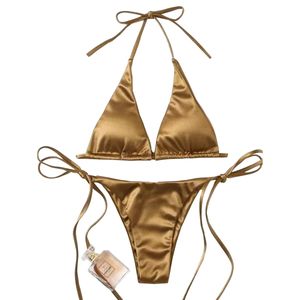Damen Zweiteiliger Bikini Set Triangel Bademode Slip BH  Push Up PadsBadeanzug Gold M
