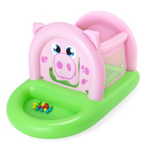 Bestway Oinkster Pig Aufblasbarer Jumper mit 15 Spielbällen 239x162x137 cm Farbe Rosa und Grün mit Sicherheitsnetz