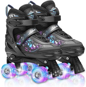 Hikole Rollschuhe Kinder verstellbar, mit Leuchtenden Rädern Roller Skates Inline Skates für Mädchen, Jungen, Anfänger, schwarz, Größe 27-30
