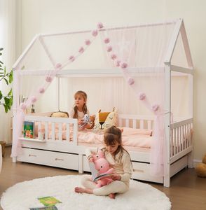 Alavya Home® Betthimmel DEKO SET für HAUSBETT I 2 x Betthimmel 1 x Groß Pompomkette - Rosa