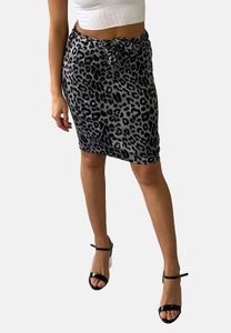 Damen Mini Stretch Stoff Rock | Bleistift Skirt Leoparden Print Muster | mit elastischem Bund & Gürtel, Farben:Grau, Größe:S-M