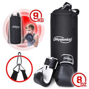 Physionics® Kinder Boxsack-Set - 9kg, 10kg, 13kg, Gefüllt, mit Boxhandschuhen und Boxbandagen - Punching Bag, Sandsack für Kickboxen, MMA