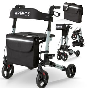 AREBOS Leichtgewicht Rollator, 6-fach höhenverstellbar, bequeme Sitzfläche, Stockhalter, abnehmbare Einkaufstasche, zusammenklappbar, Schwarz