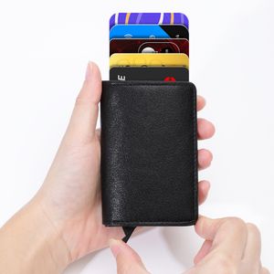 RFID Kartenetui Echtleder+Aluminium, Geldbörse Slim Wallet mit RFID Schutz, 8 Kartenfächern, Münzfach, Automatisch Pop Up für Herren Dame -Schwarz
