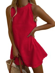 Damen Baggy Weste Tankkleid Böhmische Mode Rundhalsausschnitt Kurze Minikleider,Farbe: Rot,Größe:S
